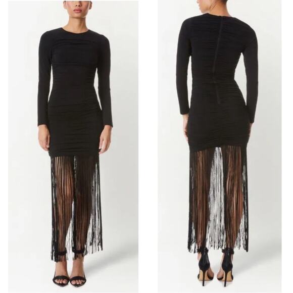 Alice + Olivia Katherina Long Sleeve Ruched Fringe Black Midi Dress Size 0 - Picture 3 of 10